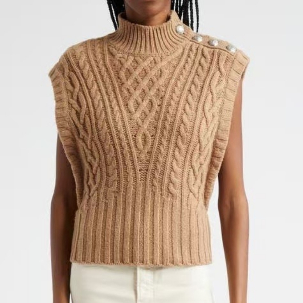 Veronica Beard Holton Button-Embellished Cable-Knit Wool Vest View 6